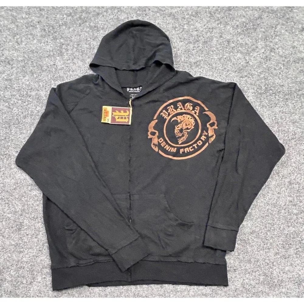Vintage‎ Praga Denim Factory Skull Graphic Full Zip Hoodie Sweatshirt 2XL Black